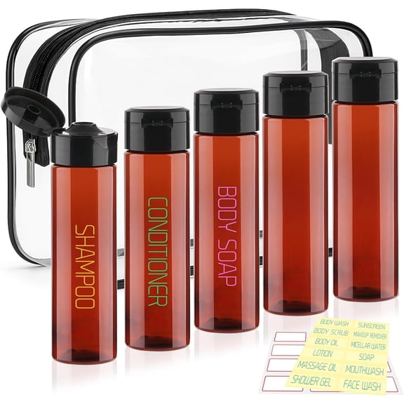 5 Pack 3. 4oz Travel Bottles Toiletries Pre-Printed Travel Shampoo Bottles TSA Approved Toiletry Wide Mouth Leak Proof Squeeze Bottle Lotion Toothpaste Cream(Brown)