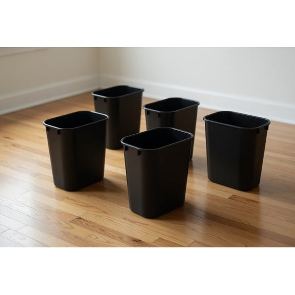 (5 Pack) 3.5 Gallon/13.25 L Small Wastebasket, 14 Quart Plastic Trash Can for Office, Bathroom, Kitchen and Bedroom, Black