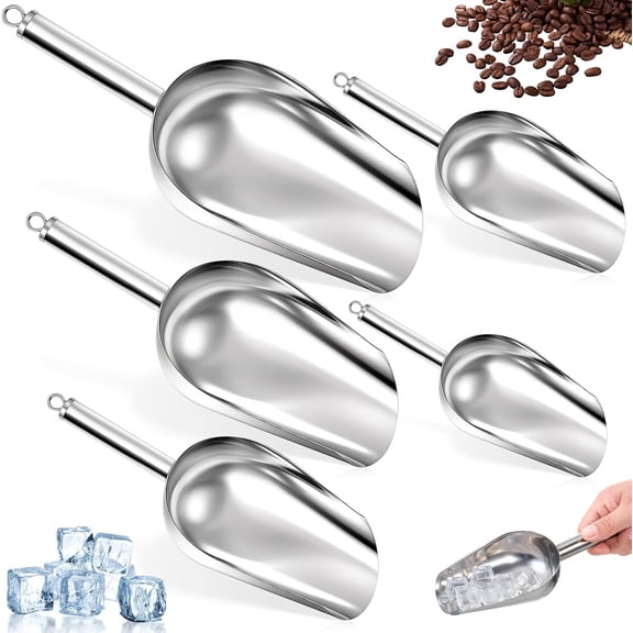 5 Pack 3/6/9/12/16 Ounce Stainless Steel Ice Scoop Set Metal Ice Scoop with Hanging Loop Kitchen Utility Scoops Set for Ices Cube/Coffee Bean/Popcorn/Dog Food
