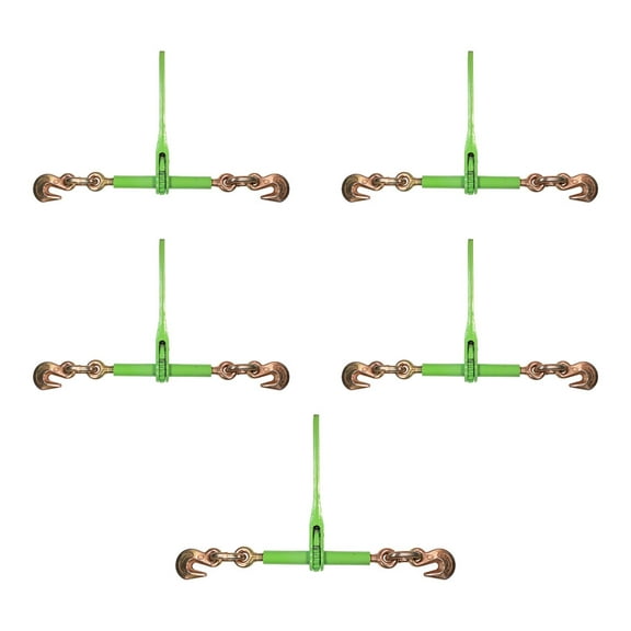 5 Pack 3/8" - 1/1" Hi-Viz Green Heavy Duty Ratchet Load Chain Binder with Grab Hooks - 9,200 Lbs Working Load Limit - Flatbed Transport Truck Trailer Tie Down Hauling