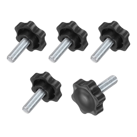 5 Pack 3/8"-16 Star Knobs, 1.1" Threaded Stud Plastic Male Clamping Knob Screw Hand Tightening Replacement Knob for Industrial Furniture Tools Jigs Clamps, Black