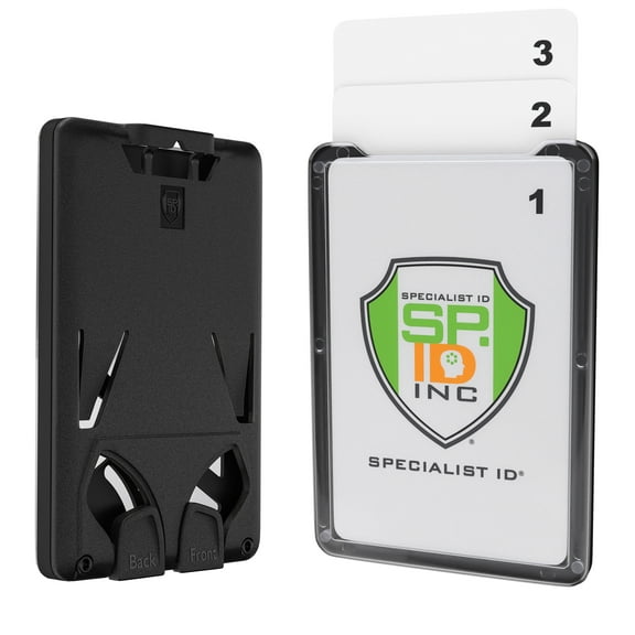 5 Pack - 3 Card Badge Holder Up to Three ID Badges - Heavy Duty Vertical Rigid Hard Plastic Case for Multiple Cards - Polycarbonate - Tactical CAC, Smart & Swipe I'd Holders by Specialist ID (Black)