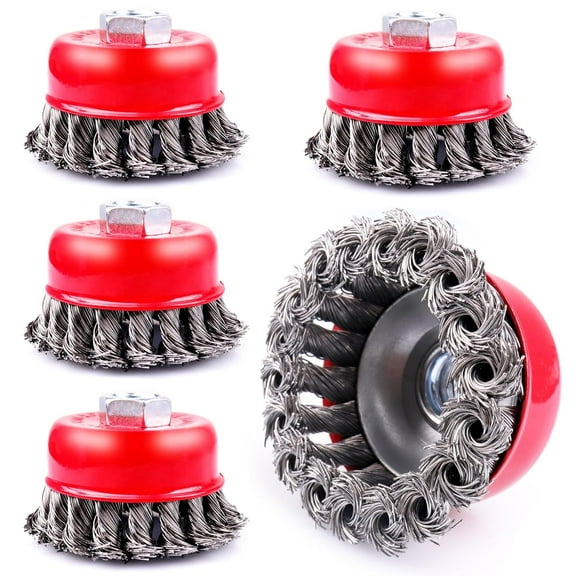 5 Pack 3 Inch Knotted Wire Cup Brush for 4 1/2 Angle Grinder, 5/8 Inch-11 Threaded Arbor, 0.02 Inch Carbon Steel Wire, Brush for Rust, Corrosion, Paint Removal