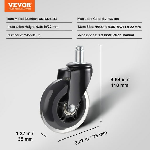 Office Chair Wheels Set of 5 3 Inch Casters for Hardwood Floors and Carpet, 130 Lbs Load Capacity, Universal Fit for Most Chairs