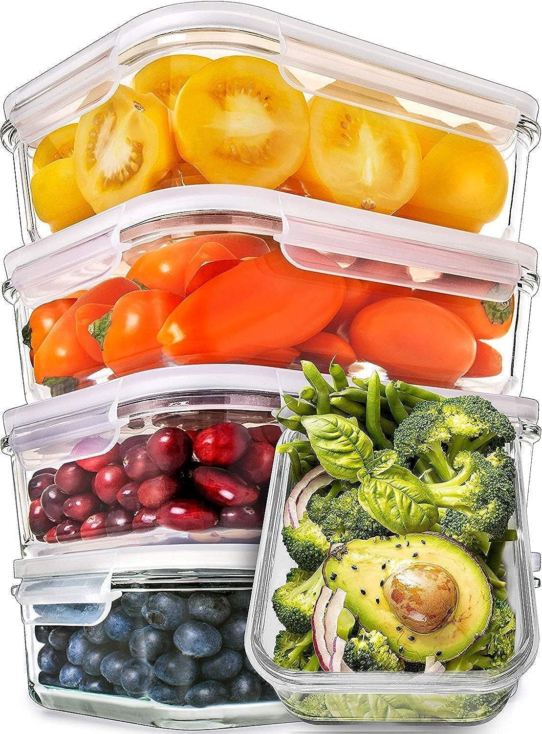 Clear Rectangular Glass Meal Prep Containers with Snap Lids, 5 Pack, 30 Oz