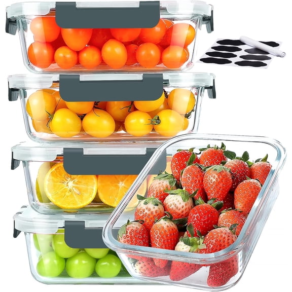 5 Pack 30 oz Glass Meal Prep Containers, Glass Storage Containers with Lids - Dishwasher, Microwave, Oven and Freezer Safe for Kitchen Organization & Food Storage come with free labels&marker pen