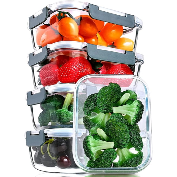 [5 Pack, 30 oz] Glass Meal Preparation Container with Snap Lock Lid Glass Food Container, Airtight Lunch Container, Microwave, Oven, Freezer and Dishwasher