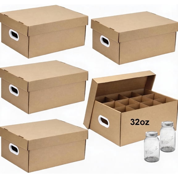 5-Pack 32 oz Cardboard Mason Jar Storage Box with Handles and Dividers for Regular or Wide Mouth Jars