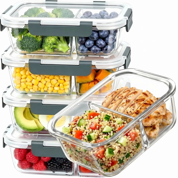 5 Pack 36 OZ Glass Food Storage Containers with Lids, 2 Compartment Glass Airtight Meal Prep Containers Oven & Freezer Safe, Leak Proof - Grey