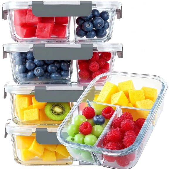 5 Pack 36 OZ Glass Food Storage Containers with Lids, 3 Compartment Glass Airtight Meal Prep Containers Oven & Freezer Safe, Leak Proof - Grey