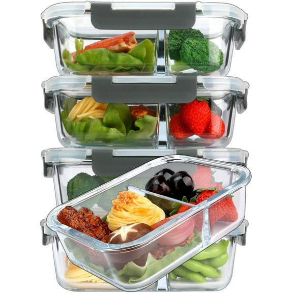 5-Pack,36 Oz Glass Meal Prep Containers 2 Compartments Portion Control with Upgraded Snap Locking Lids Glass Food Storage Containers, Microwave, Oven, Freezer and Dishwasher (4.5 Cups)