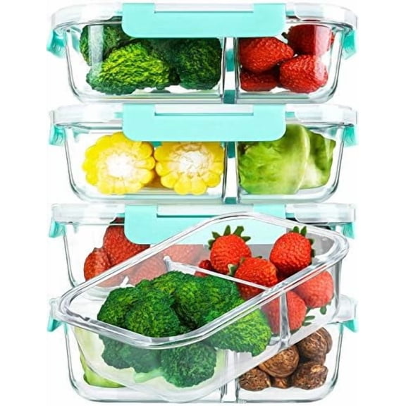 [5-Pack,36 Oz]Glass Meal Prep Containers 2 Compartments Portion Control with Upgraded Snap Locking Lids Glass Food Storage Containers, Microwave, Oven, Freezer and Dishwasher (4.5 Cups, Green)