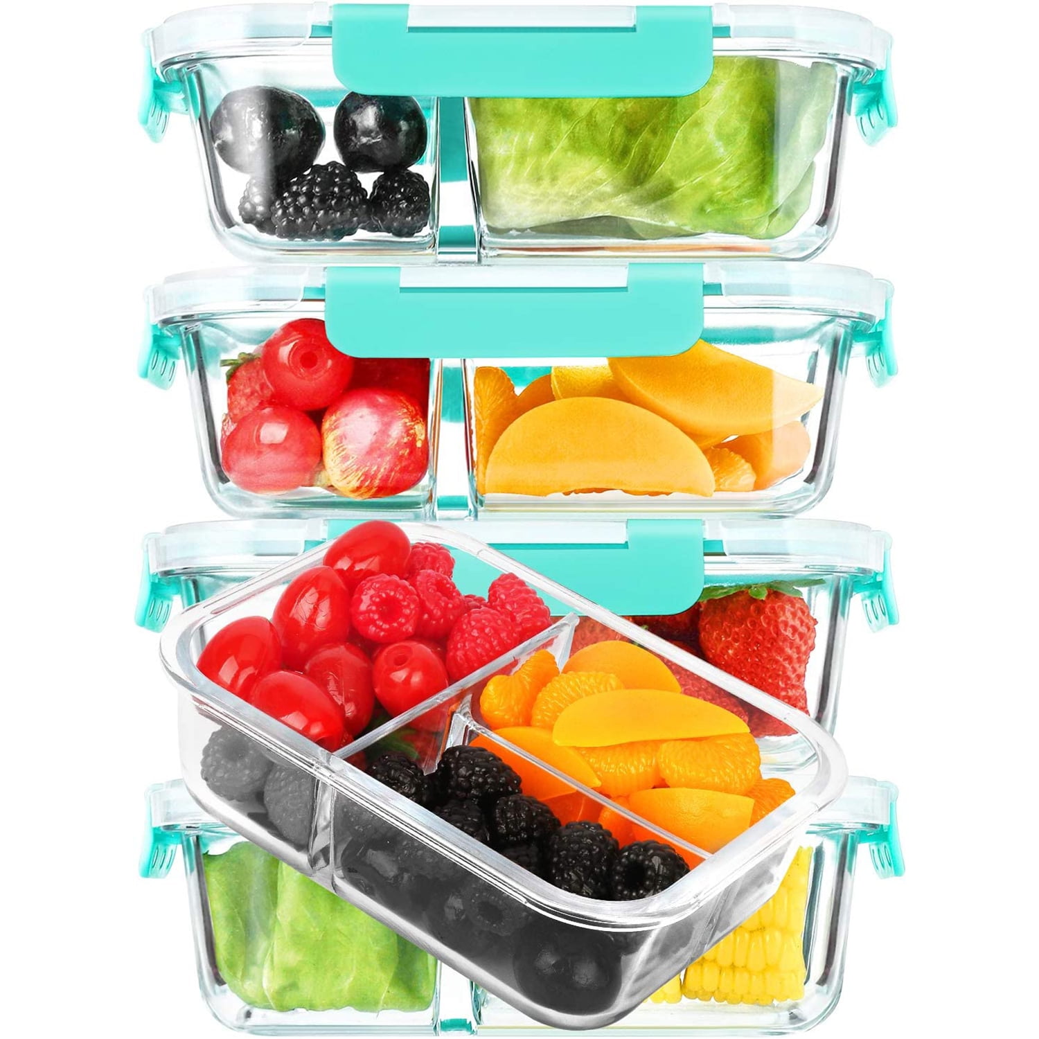 Skroam 5-Packs 36OZ Glass Airtight Food Storage Containers 3 Compartments,  Glass Meal Prep Container Set with Lids for Pantry Kitchen Organizers and