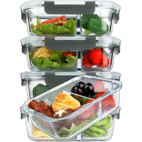 [5-Pack,36 Oz] Glass eal Prep Containers 2 Copartents Portion Control with Upgraded Snap Locking  Glass  Storage Containers, icrowave, Oven, Freezer and Dishwasher (4.5 Cups)