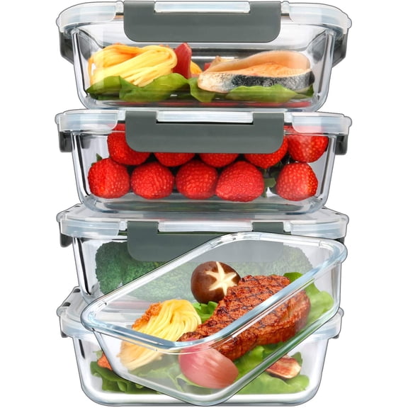 [5 Pack, 36 oz Glass Meal Prep Container with Snap Lock Lid Glass Food Container, Sealed Lunch Container, Microwave, Oven, Freezer and Dishwasher (4.5 Cups)