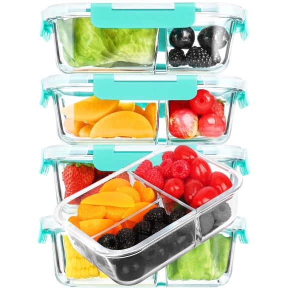 [5-Pack, 36 oz] Glass Meal Prep Containers 3 Compartment with Lids, Glass Lunch Containers,Food Prep Lunch Box,Bento Box,Microwave, Oven, Freezer, Dishwasher (4.5 Cups, Green)