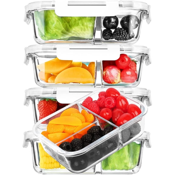[5-Pack, 36 oz] Glass Meal Prep Containers 3 Compartment with Lids, Glass Lunch Containers,Food Prep Lunch Box,Bento Box,Microwave, Oven, Freezer, Dishwasher (4.5 Cups, Green)