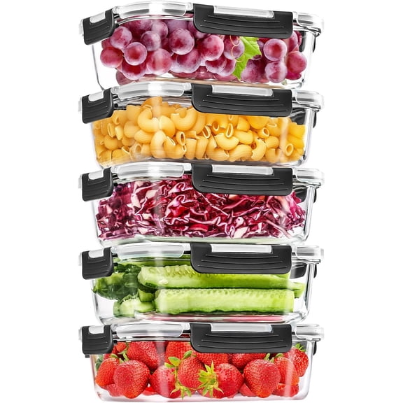 5-Pack 36OZ Glass Food Storage Containers with Lids, Airtight Meal Prep Containers for Lunch, Pantry Organization, Freezer to Oven Safe, Leak Proof Glass Lunch Boxes