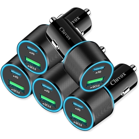 5 Pack 38W USB C Car Charger Adapter, 20W Fast USBC & 18W Rapid QC3.0 Ports, 12V Cigarette Lighter Adapter, Type C Auto Plug Outlet Accessories for iPhone 17 16 15 14, Samsung S26, Android Cell Phone