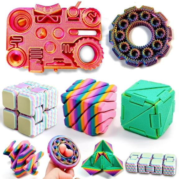 5 Pack 3D Printed Fidget Set, Rainbow Spinner & 12-in-1 Cube, Desk Stress For Adults, Sensory Focus Anxiety Gifts