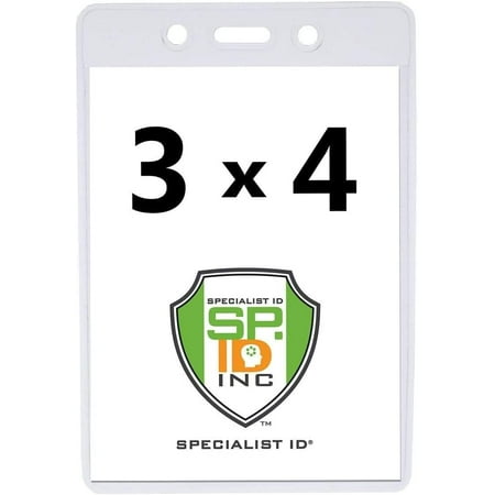 5 Pack - 3X4 Name Badge Holder Vertical - Heavy Duty Clear Plastic Conference Name Badges - 3 X 4 Portrait Badge Sleeve Cover for Large Event Name Tag by Specialist ID