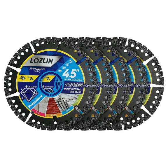 5-Pack 4.5" Diamond Multi-Purpose Saw Blades - Heavy Duty Angle Grinder Discs for Cutting Marble/Quartz/Stone/Tile/Metal/Plastic (Black Teeth, 5)