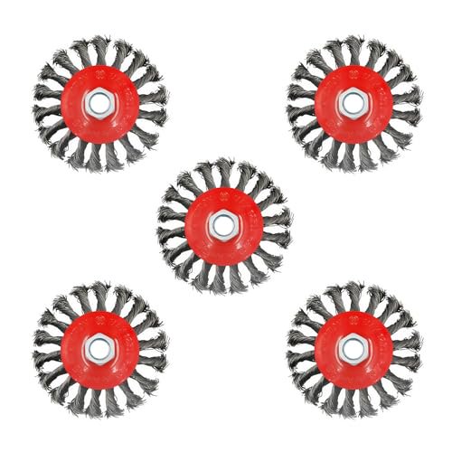 5 Pack 4 Inch Twist Knotted Wire Wheel Brush for Angle Grinder with 5/8 Inch-11 Threaded Arbor - 0.02 Inch Carbon Steel Wire for Heavy-Duty Conditioning for Various Metals