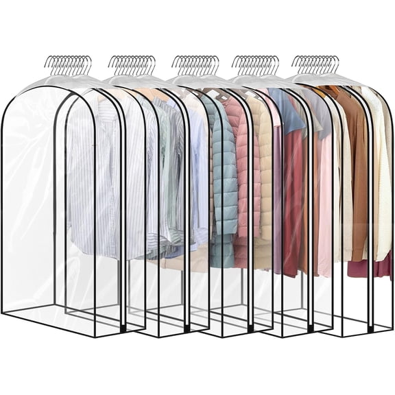 5 Pack 40" All Clear Garment Bags for Hanging Clothes Storage, 10" Gusseted Large Capacity Garment Rack Cover, Large Hanging Clothing Bag for Dress Gowns, Coats, Suit, Down Jacket