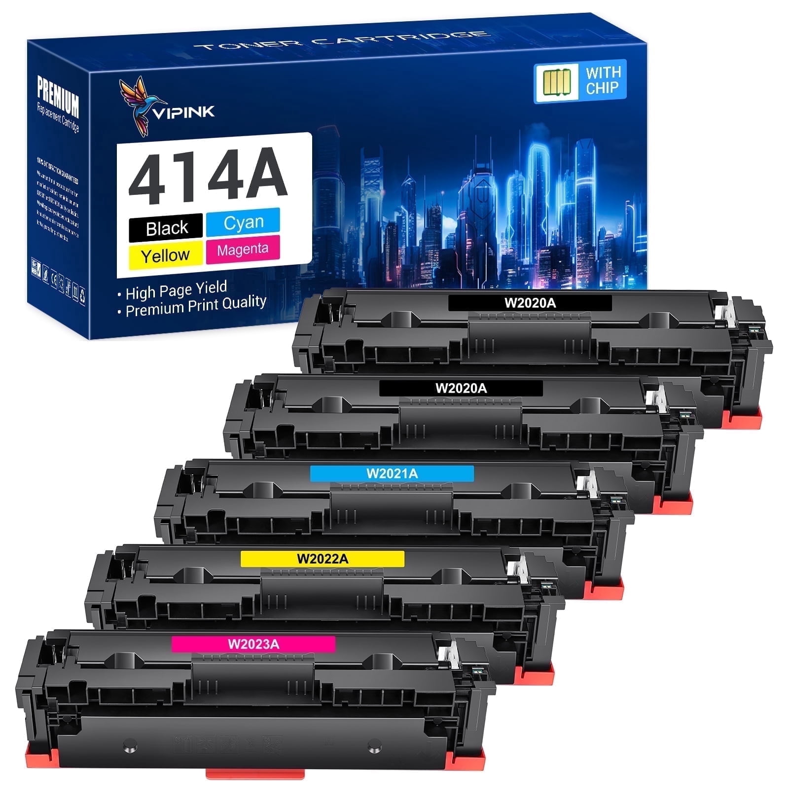 VIPink 5-Pack 414A Toner Cartridge with Chip Compatible for HP W2020A 414A W2020X 414X Laserjet Pro MFP M479fdw M454dw M479fdn M454dn M479 Laser Printer Ink, 2x Black, Cyan, Magenta, Yellow