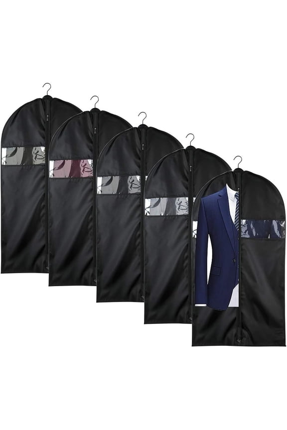 5 Pack 43 Inch Oxford Fabric Garment Bag Suit Cover Bags with Zipper and Transparent Window for Travel and Storage, Washable Garment Protector Covers for Suits, Coats, Dresses, Shirts &