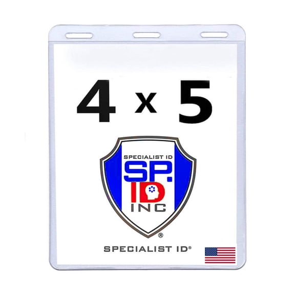 5 Pack - 4x5 Badge Holder Horizontal - USA Made - Clear Credential Sleeve for Events - Heavy Duty Plastic Name Tag Badge Cover by Specialist ID