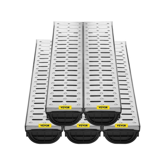 5-Pack 5.7x3.1-Inch HDPE Trench Drain System with Metal Grate, Black Plastic Channel Drain for Driveway, Garage & Garden  Includes 5 End Caps