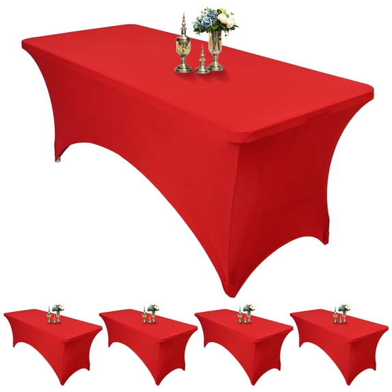 5 Pack 6 Ft Stretchable Tablecloth, Stretch Spandex Tablecloth for Standard Folding Table, Tight Fit Washable and Wrinkle Resistant Spandex Table Cover for Wedding, Event, Parties (Red)