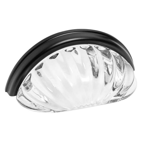 5 Pack 6381FB-C Flat Black with Clear Glass Cabinet Cup Pull - 3" Inch (76mm) Hole Centers