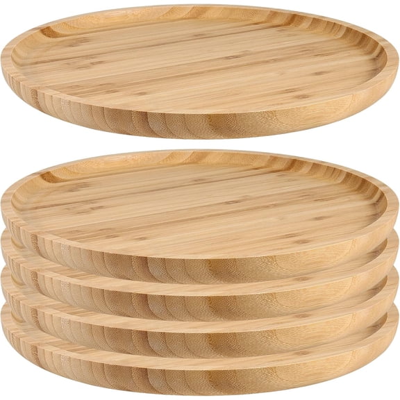 5 Pack 8 Inch 20cm Bamboo Round Platter, Fine Polished Round Wood Plates Bamboo Serving Tray for Holding Fruit, Bread, Cheese, Nut, Coffee, Tea, Plant Saucer