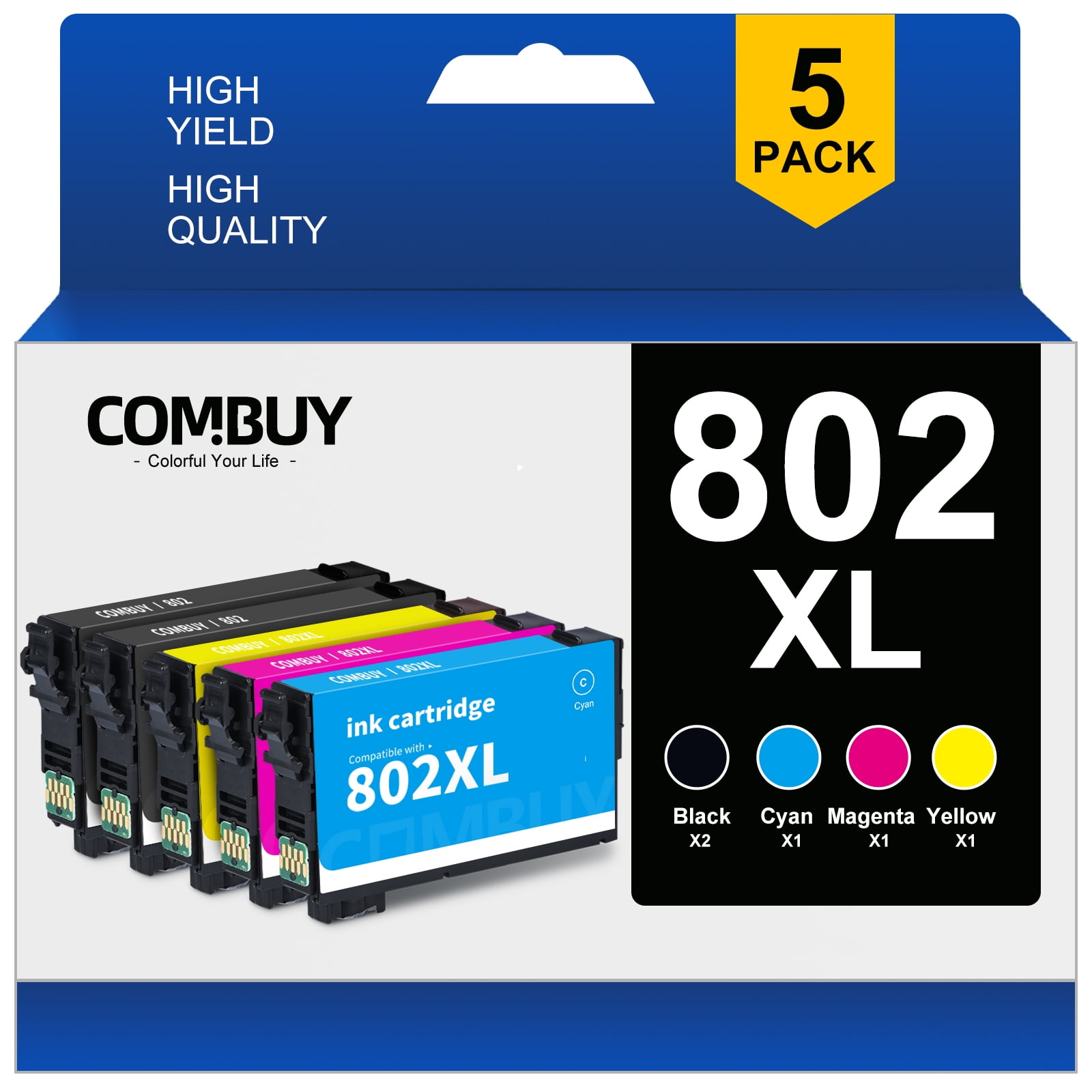 5 Pack 802 802XL Ink Cartridges for Epson 802 XL 802XL T802XL Combo