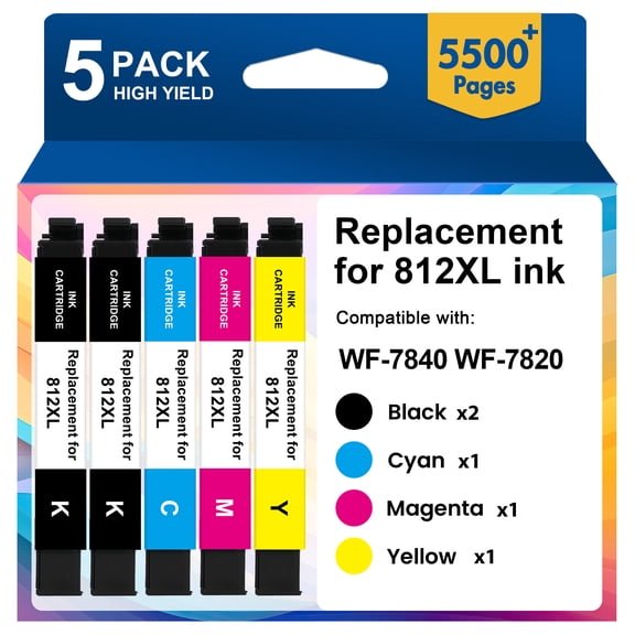 5-Pack 812XL Ink Cartridges Compatible for Epson 812 Ink Cartridges for Epson Workforce Pro WF-7820 WF-7840 WF-7310 Combo Pack