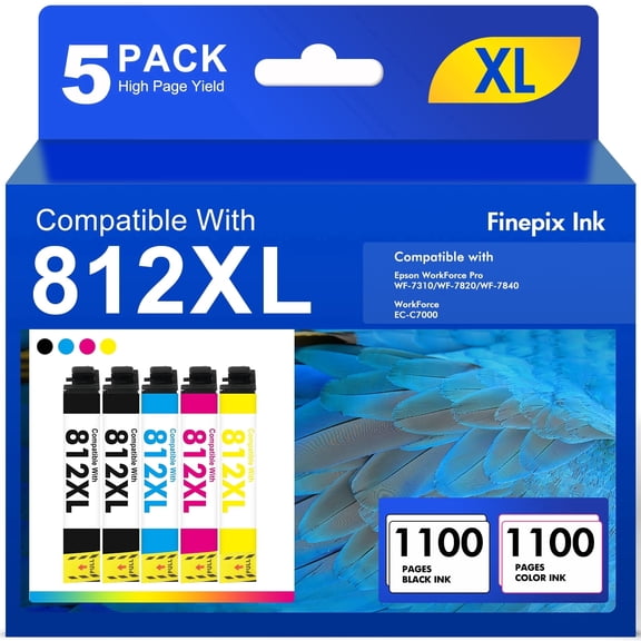 5-Pack 812XL Ink compatible for Epson 812 Ink Cartridges for Epson Workforce Pro WF-7820 WF-7840 WF-7310 Combo Pack