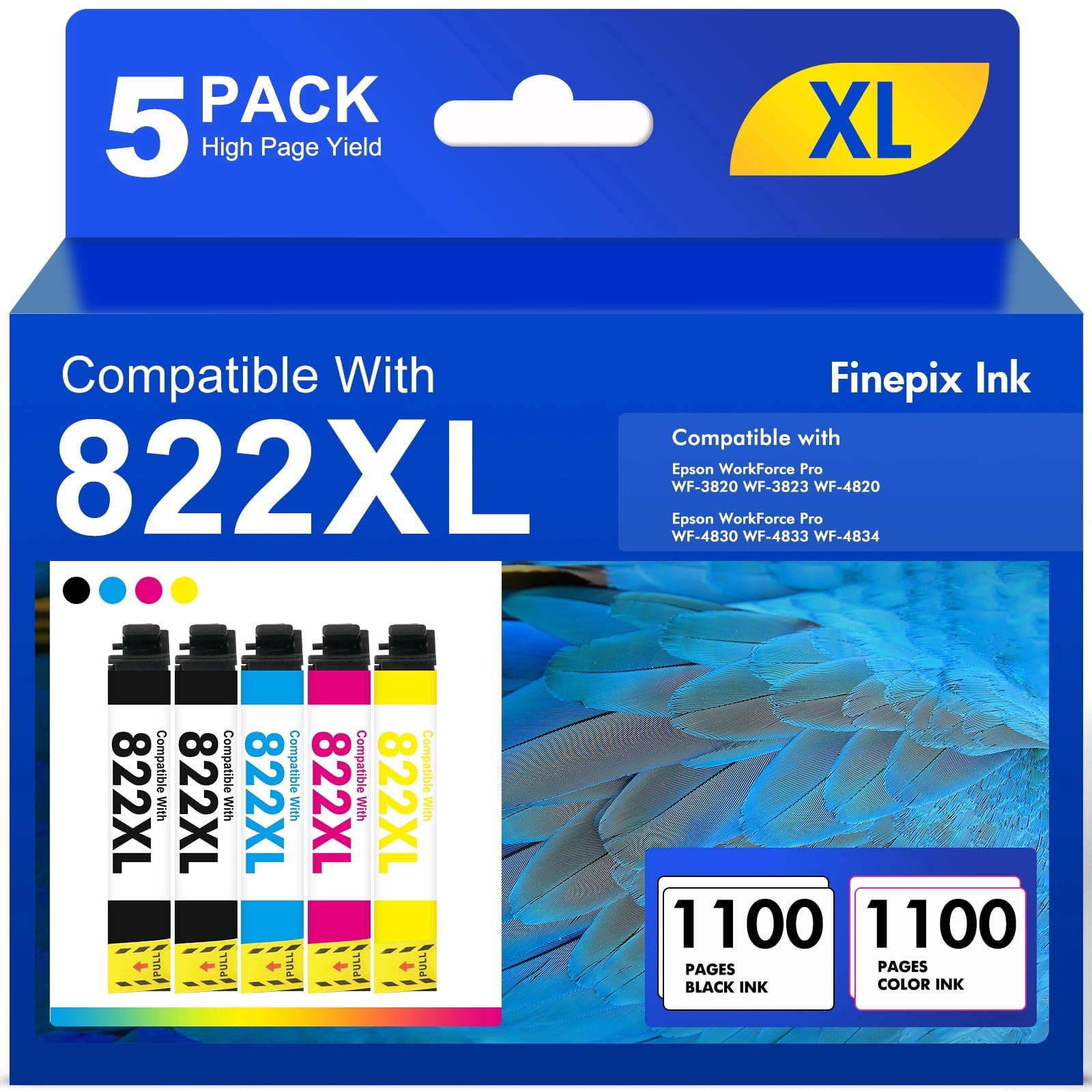5 Pack 822 XL Ink Cartridges Compatible for Epson 822XL 822 Printer Ink Combo Pack for WorkForce Pro WF-3820 WF-4820 WF-4830 WF-4833 WF-4834 WF-3823 (2 x Black, Cyan, Magenta, Yellow)