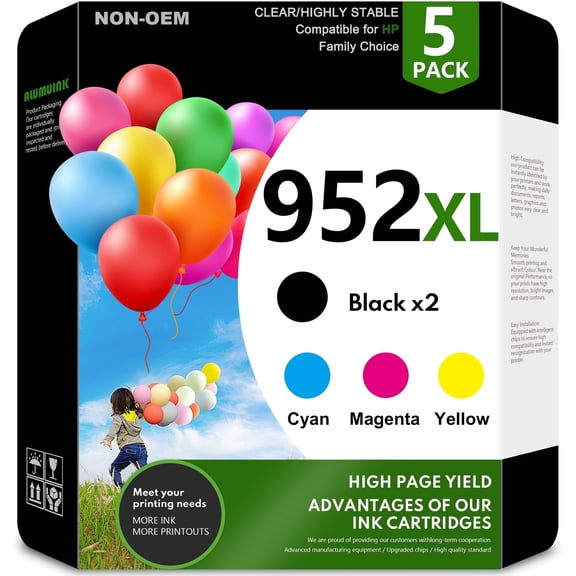 5-Pack 952 XL Ink Cartridge Compatible for 952 Ink Black*2 Cyan*1 Magenta*1 Yellow*1 High Yield
