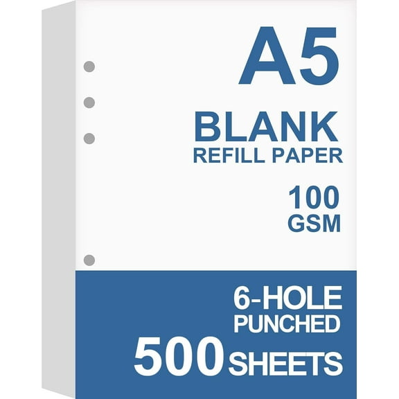 (5-Pack) A5 Blank Paper, Refills for Filofax Planner, Organizer, Binders, 6 Hole Punched, Total 500 Sheets/1000 Pages, 100gsm, White, 5.8 x 8.2 Inch, 6 Hole Filler Paper