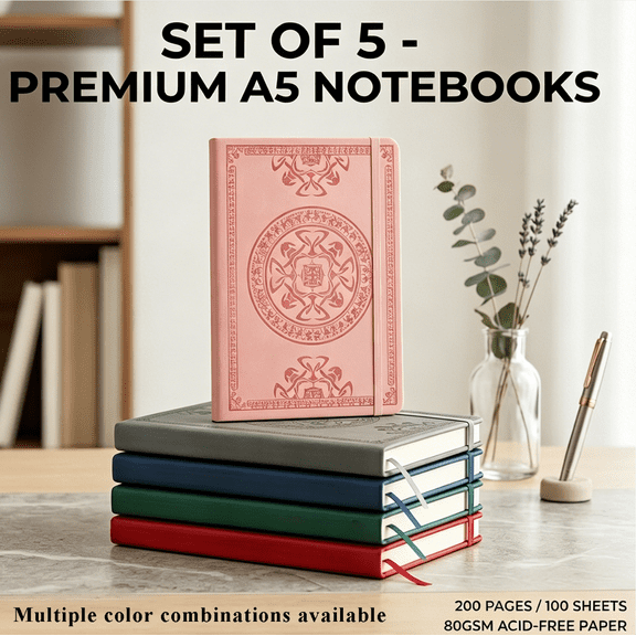 5-Pack A5 Embossed Celtic Knot Notebooks, 200 Pages Lined Journal Set, Elastic Closure Band, 80GSM Acid-Free Paper