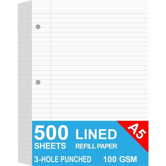 (5-Pack) A5 Filler Paper, 3 Hole Planner Refills, Organizer, Loose-leaf Binder Paper, Total 500 Sheets/1000 Pages, Lined, 100gsm, White, 5.8 x 8.2 Inch, 3 Hole Filler Paper