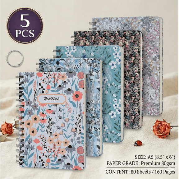 5-Pack A5 Floral Spiral Notebook Set, Twin-Wire Hardcover Lined Journals, Premium 80GSM Cream Paper,160 Pages Hardcover Lined Journals
