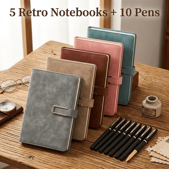 5-Pack A5 Retro Faux Leather Journal Notebooks with 10 Pens, Lined Diary with Metal U-Clasp & Pen Loop, 80GSM 100 Sheets for Business, 5 Colors