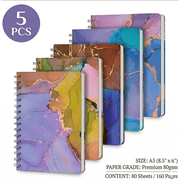 5-Pack A5 Twin-Wire Notebooks, Marble Hardcover Professional Journals, 8mm Ruled 80 Sheets 80GSM Paper, Double Wirebound Lined Diary for Office Business, 5 Designs
