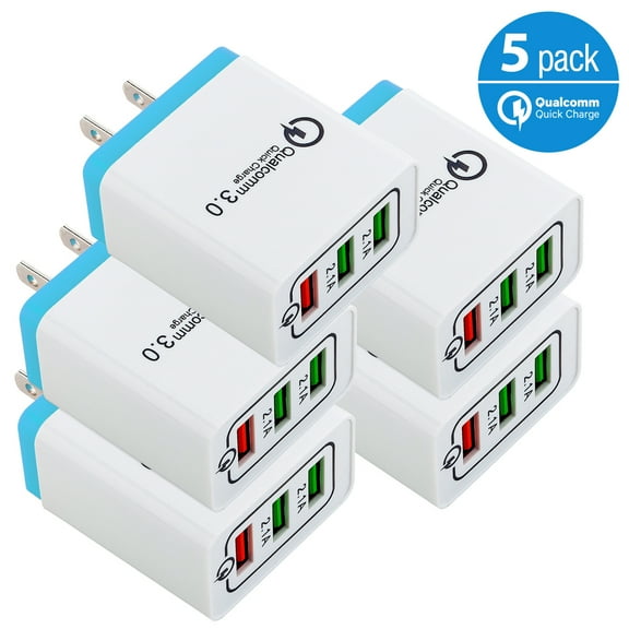 5-Pack AFFLUX USB Wall Charger 30W 3-Ports with Quick Charge 3.0, Wall Charger Adapter, Fast Charging for Samsung Galaxy S23/S22/S21/S20/S10/S9/S8 Ultra, iPhone 14/13/12/11 Pro Mini, X/Xs, White/Blue