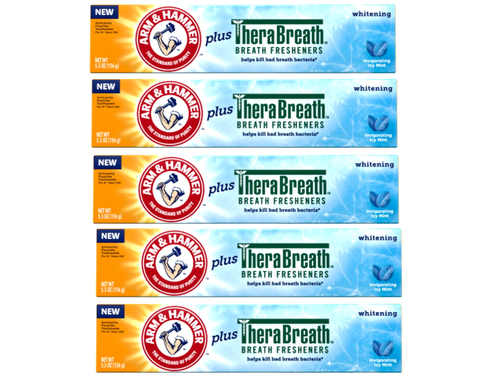 5 Pack - ARM & HAMMER Whitening Toothpaste Plus Therabreath Breath Fresheners, Invigorating Icy Mint Flavor, 5.5 oz