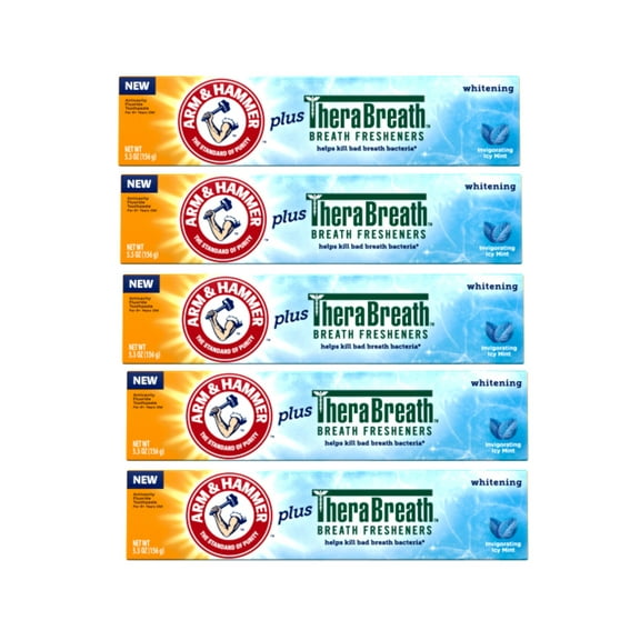 5 Pack - ARM & HAMMER Whitening Toothpaste Plus Therabreath Breath Fresheners, Invigorating Icy Mint Flavor, 5.5 oz