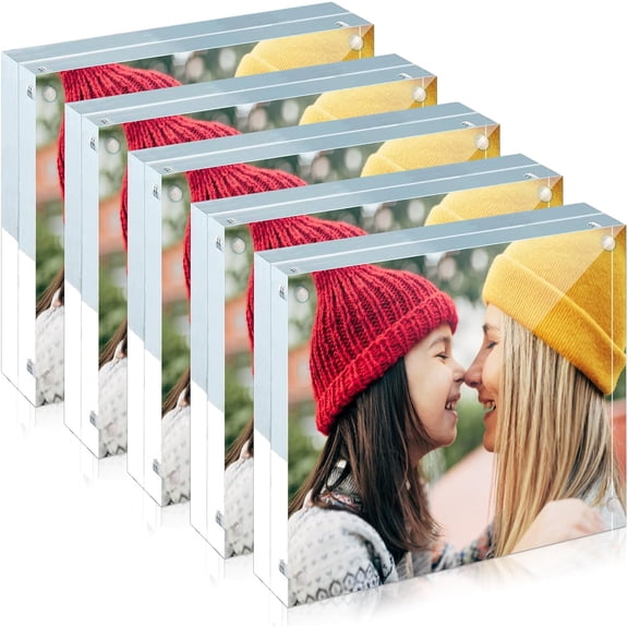 5 Pack Acrylic Frame 4x4, 20% Thicker, 20mm Thick Frameless Clear Picture Frame, Double Sided Magnetic Photo Frame, Free Standing Desktop Display Stand Acrylic Picture Frames